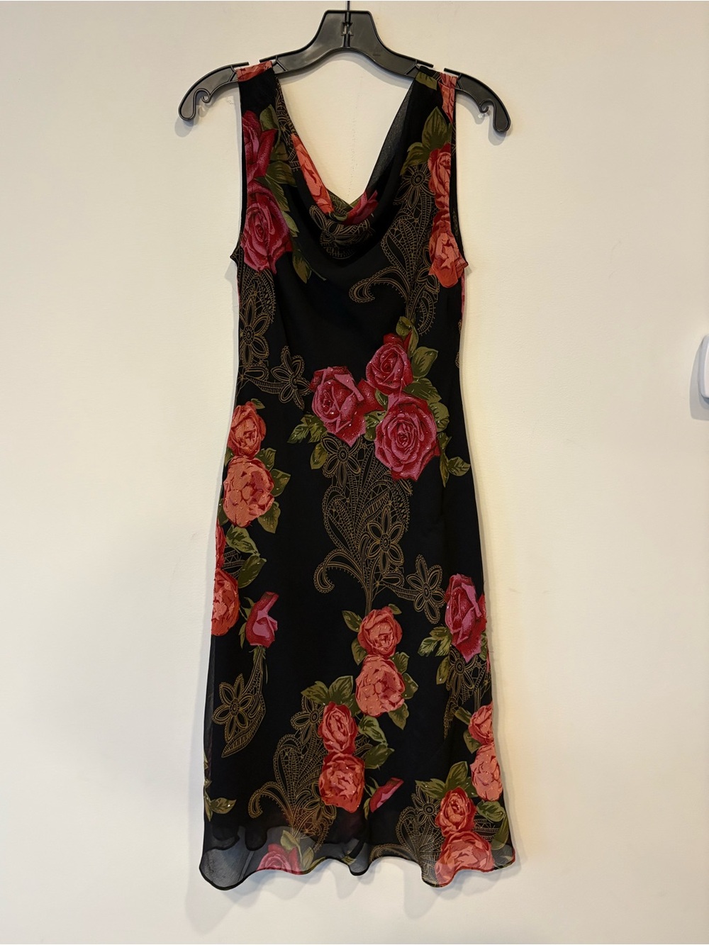 Vintage y2k beaded Black Floral Cowl Neck Slip Dress - Pink Rose Print Sz small